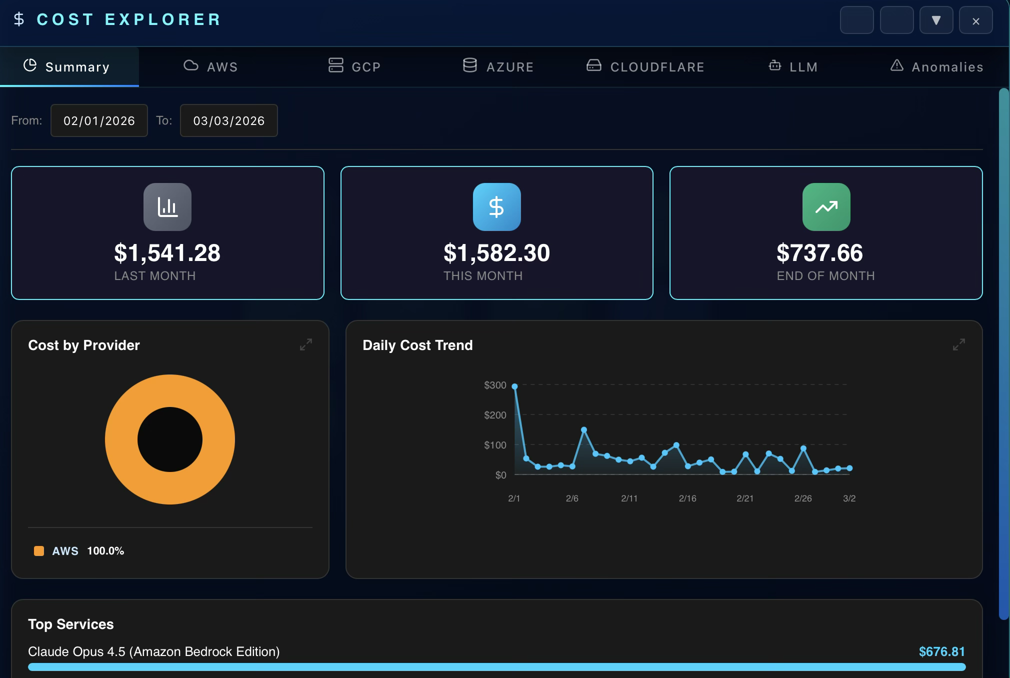 Cost explorer overview in Clanker Cloud