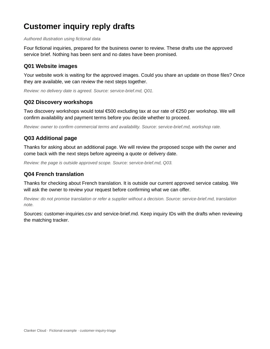 Authored customer reply drafts with inquiry IDs, approved service facts and owner review notes.