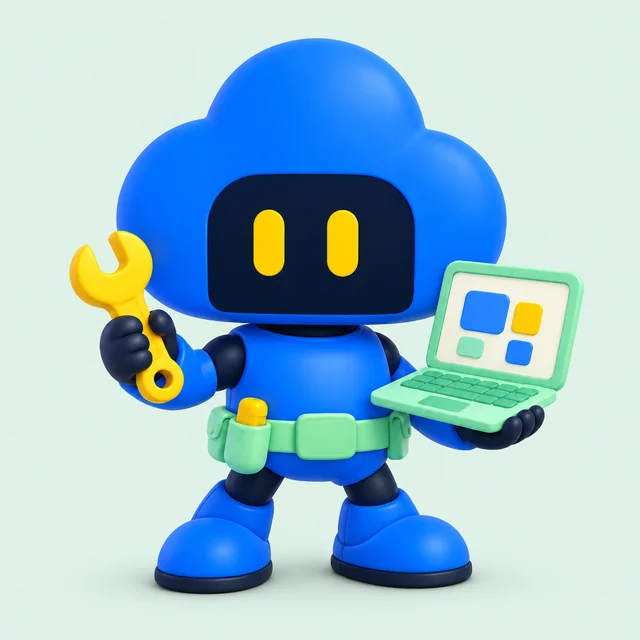 Patch, a blue cloud-shaped Clanker carrying a mint laptop and yellow wrench