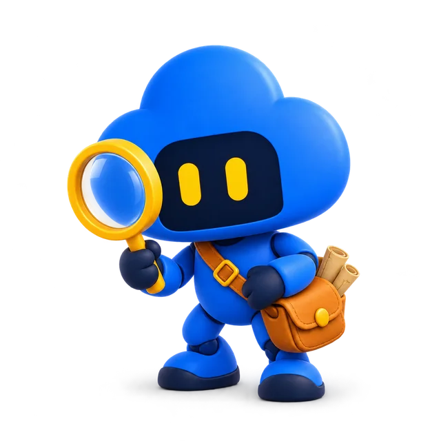 Scout, a blue cloud-shaped Clanker with a magnifying glass and explorer satchel