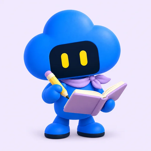 Secretary, a blue cloud-shaped Clanker with a lavender notebook, scarf, and yellow pencil