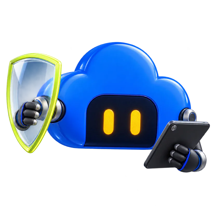 The Clanker mascot holding a transparent inspection shield and an audit tablet