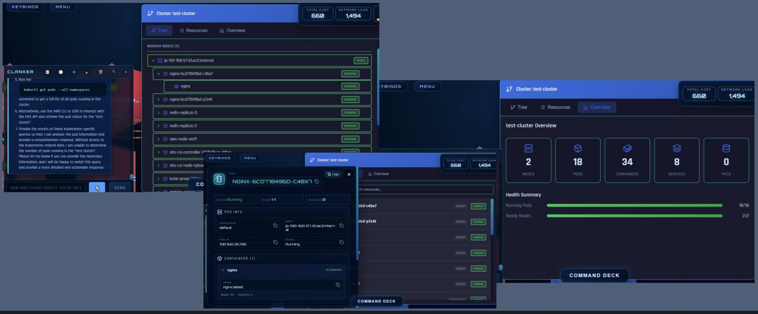 Kubernetes support screen in Clanker Cloud