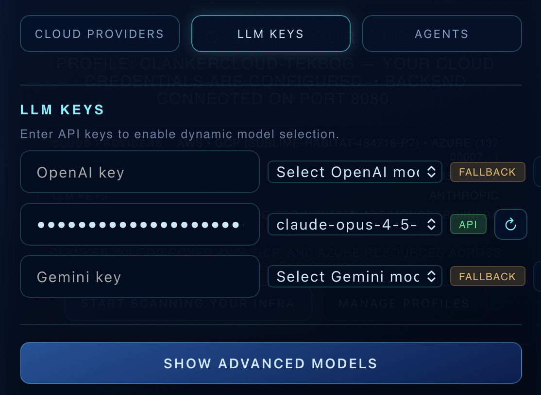 Local LLM keys setup screen in Clanker Cloud