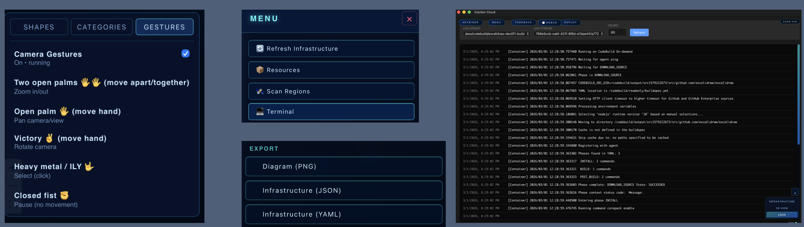 More Clanker Cloud features: logs, diagram export, gesture navigation