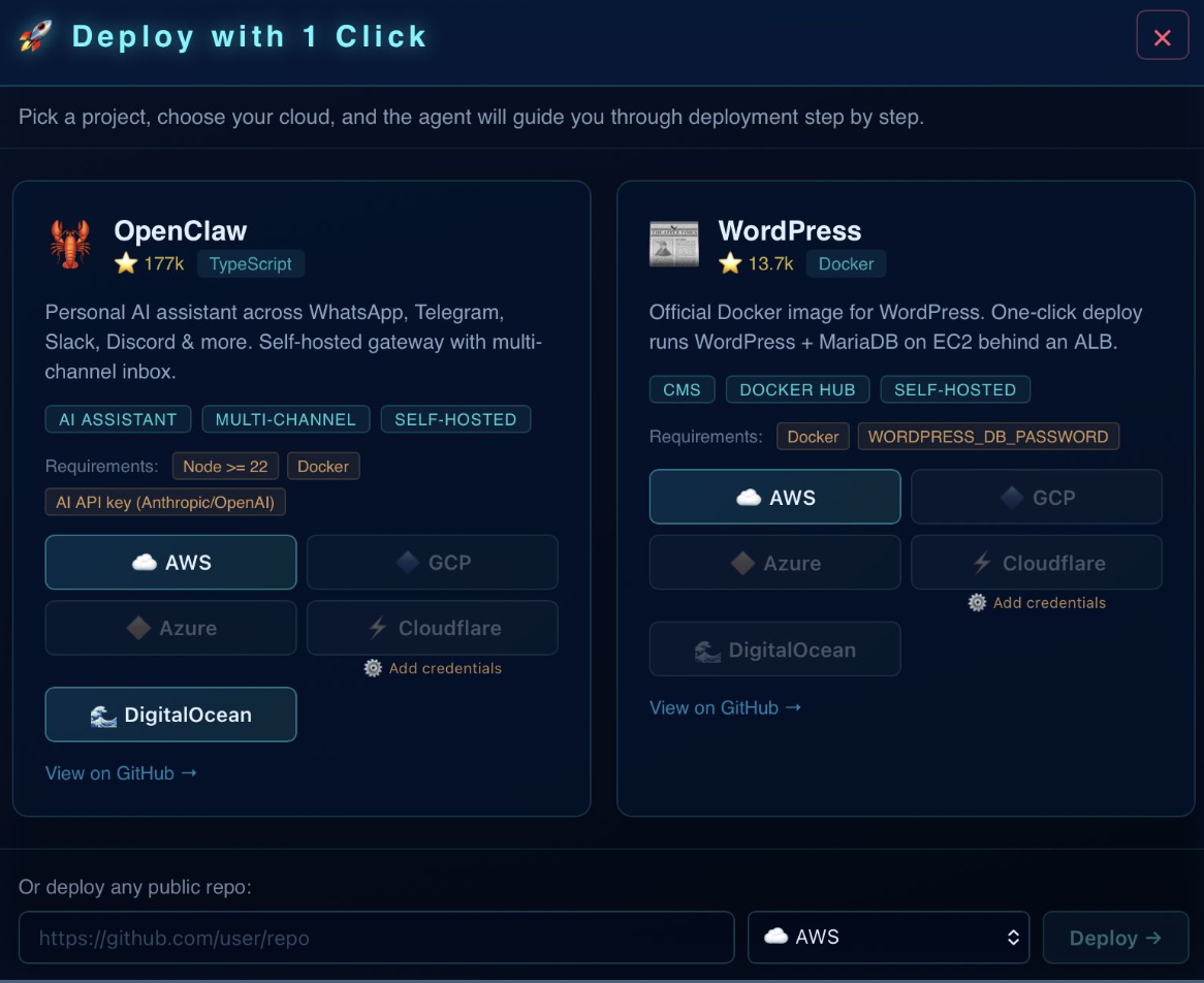 One click guided deployment flow in Clanker Cloud