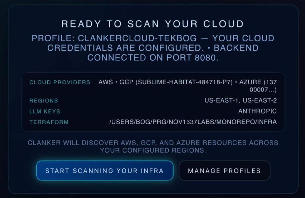 Clanker DevOps infrastructure scan screen