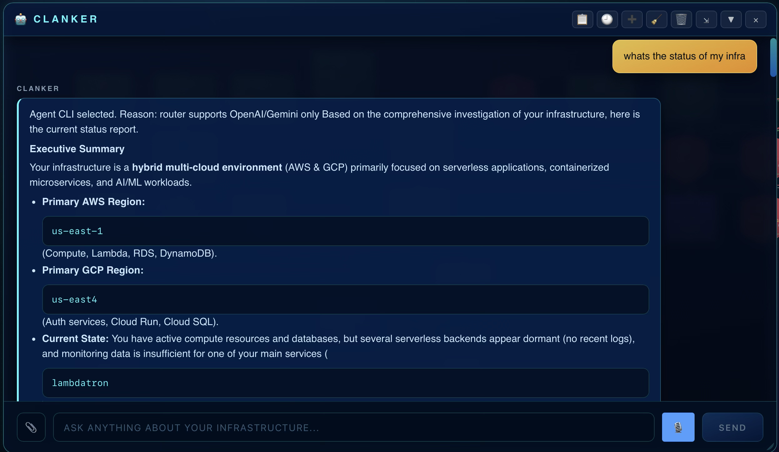 Talk to your infrastructure screen in Clanker Cloud